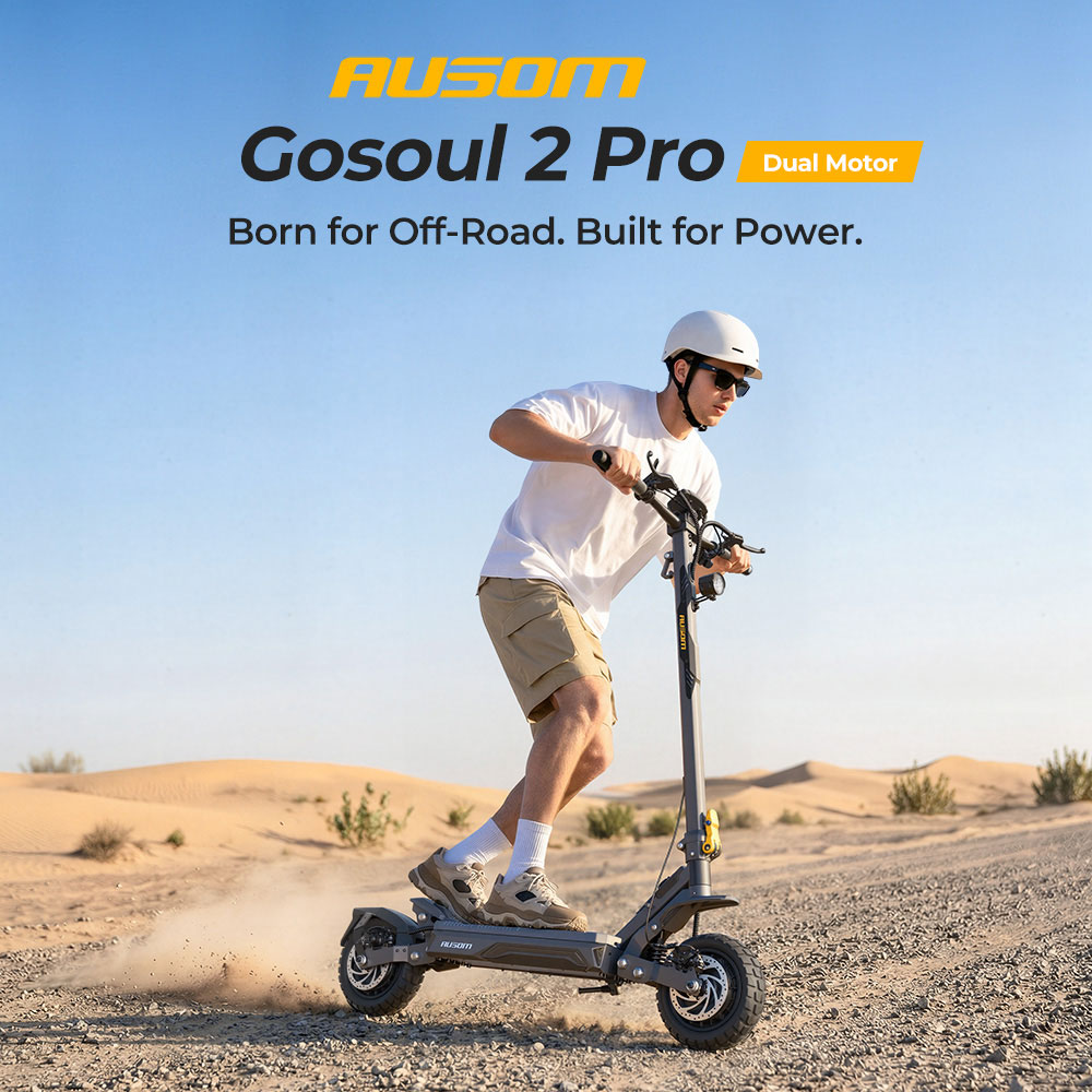 Refurbished Ausom Gosoul 2 Pro Dual Motor Electric Scooter, 1000W*2 Motor, 48V 18Ah Battery, 10-inch Tires, 60km/h Max Speed, 90km Range, Front & Rear Disc Brake, Dual Front Suspension, NFC Unlock