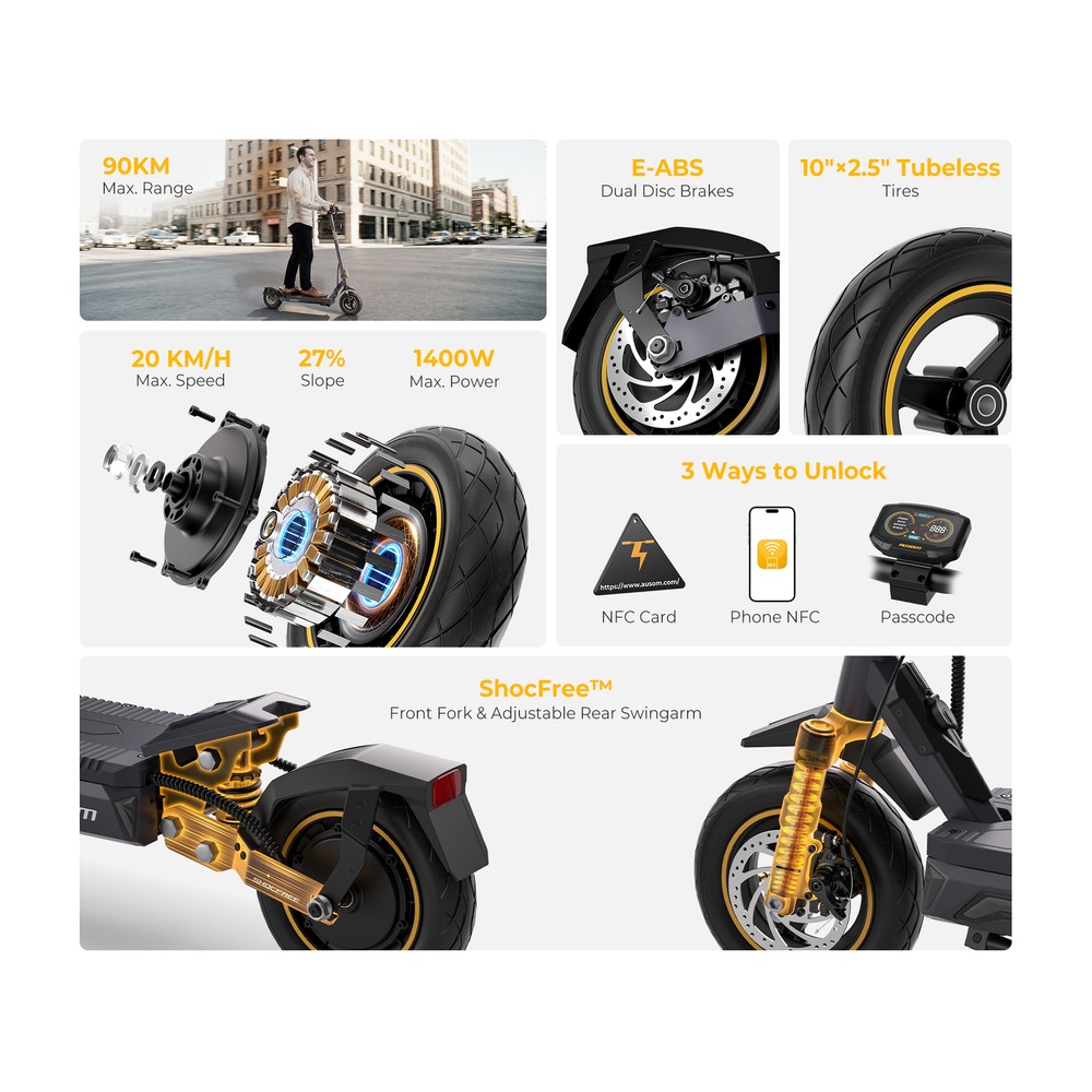 Refurbished Ausom K20 Pro Electric Scooter, Max 1400W Motor, 48V 18Ah Battery, 10 inch Tires, 50km/h Max Speed, 90km Range, Front & Rear Disc Brake, NFC Unlock
