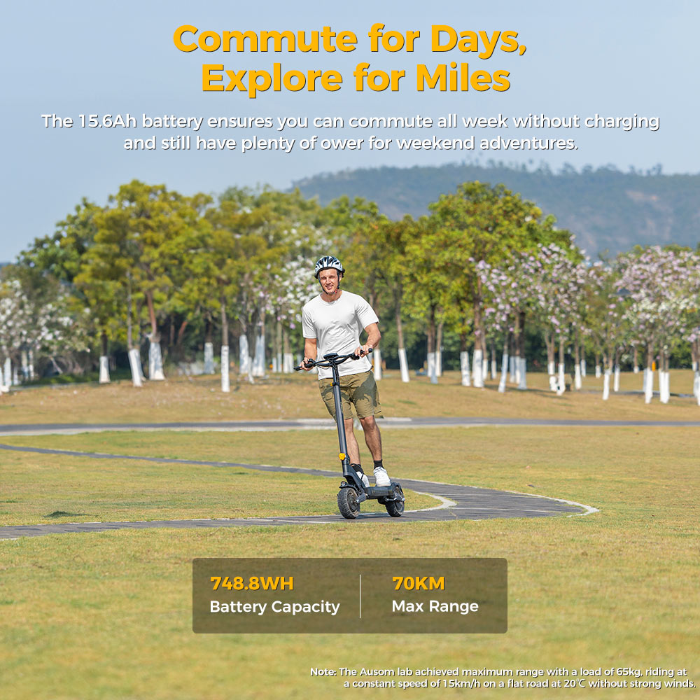 Refurbished Ausom L2 Electric Scooter, 2*800W Motor, 48V 15.6Ah Battery, 10 inch Tires, 55km/h Max Speed, 70km Range, Front & Rear Disc Brakes, Swingarm Suspension, LCD Display