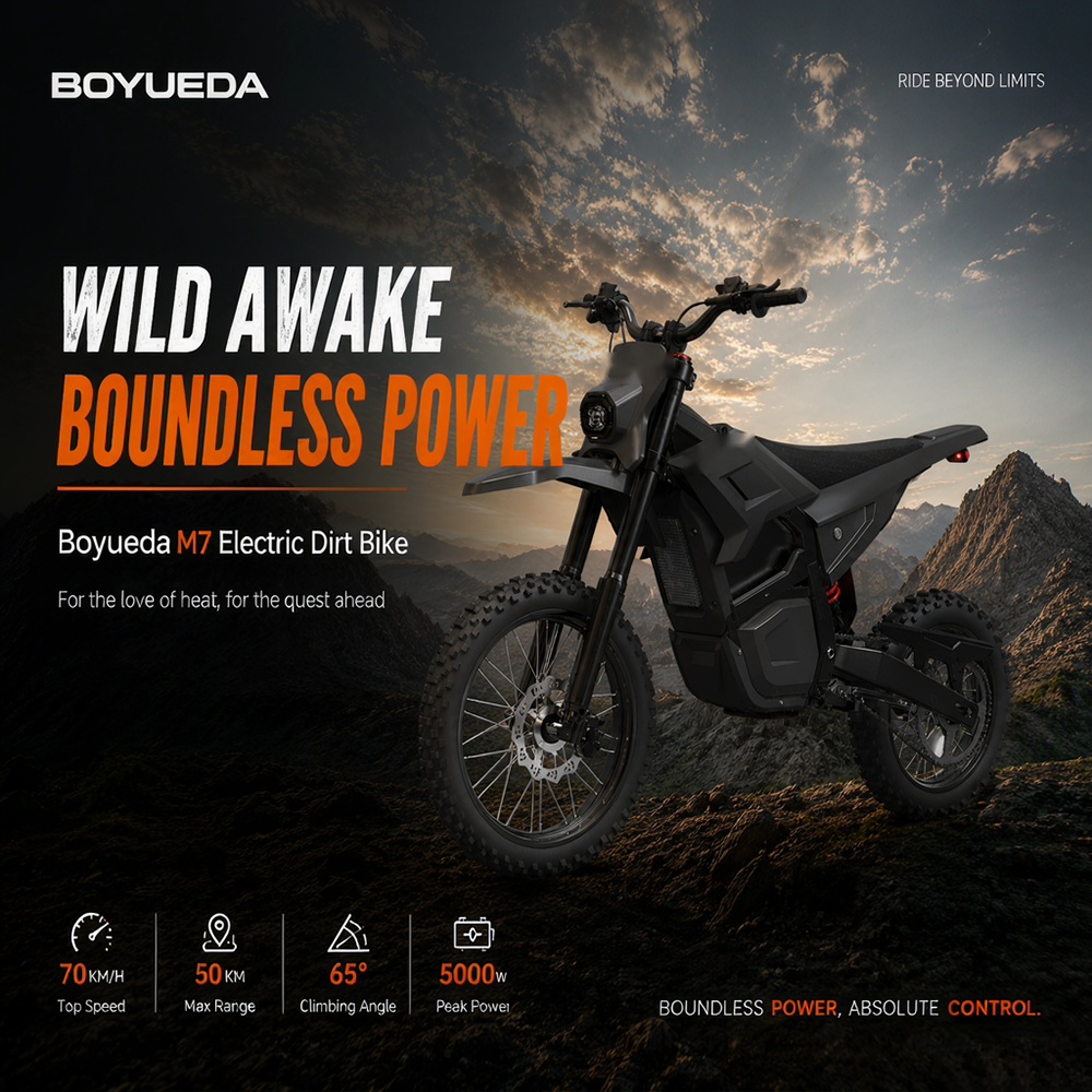 BOYUEDA M7 Electric Dirt Bike, 5000W Peak Motor, 60V 27Ah Lithium Battery, 70km/h Max Speed, 50km Range, 200Nm Torque, Front & Rear Hydraulic Disc Brakes, 17/14-Inch Off-Road Tires, IPX6