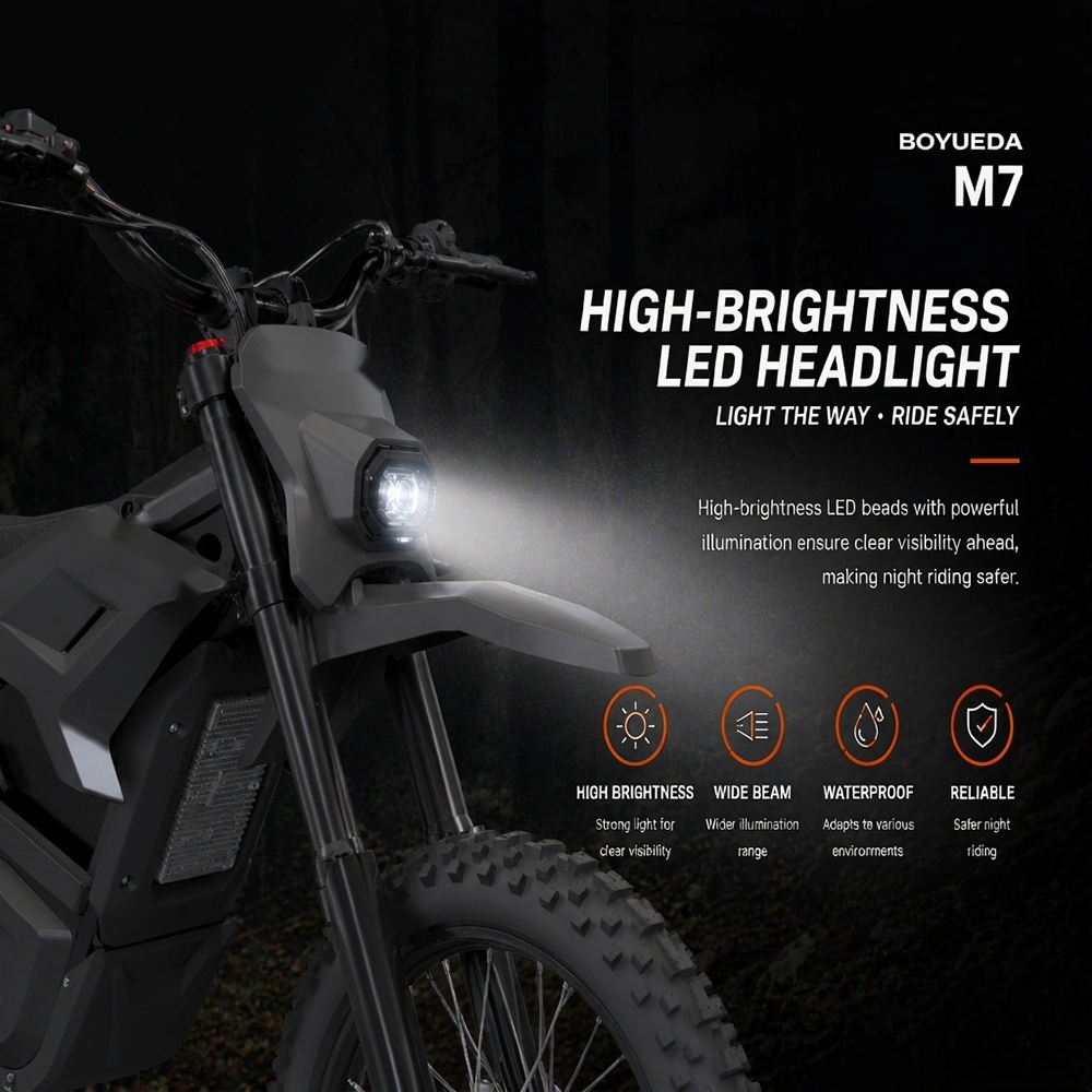 BOYUEDA M7 Electric Dirt Bike, 5000W Peak Motor, 60V 27Ah Lithium Battery, 70km/h Max Speed, 50km Range, 200Nm Torque, Front & Rear Hydraulic Disc Brakes, 17/14-Inch Off-Road Tires, IPX6