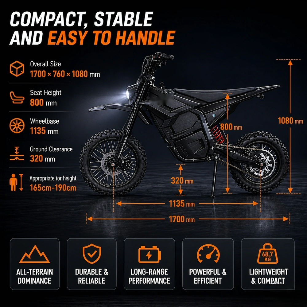 BOYUEDA M7 Electric Dirt Bike, 5000W Peak Motor, 60V 27Ah Lithium Battery, 70km/h Max Speed, 50km Range, 200Nm Torque, Front & Rear Hydraulic Disc Brakes, 17/14-Inch Off-Road Tires, IPX6