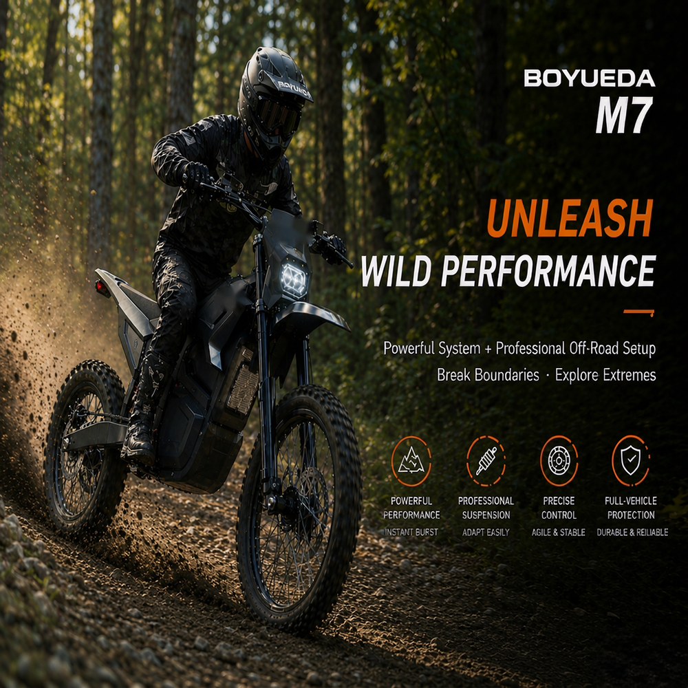 BOYUEDA M7 Electric Dirt Bike, 5000W Peak Motor, 60V 27Ah Lithium Battery, 70km/h Max Speed, 50km Range, 200Nm Torque, Front & Rear Hydraulic Disc Brakes, 17/14-Inch Off-Road Tires, IPX6