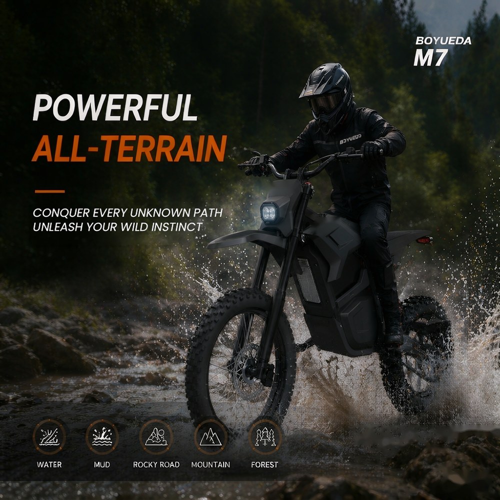 BOYUEDA M7 Electric Dirt Bike, 5000W Peak Motor, 60V 27Ah Lithium Battery, 70km/h Max Speed, 50km Range, 200Nm Torque, Front & Rear Hydraulic Disc Brakes, 17/14-Inch Off-Road Tires, IPX6