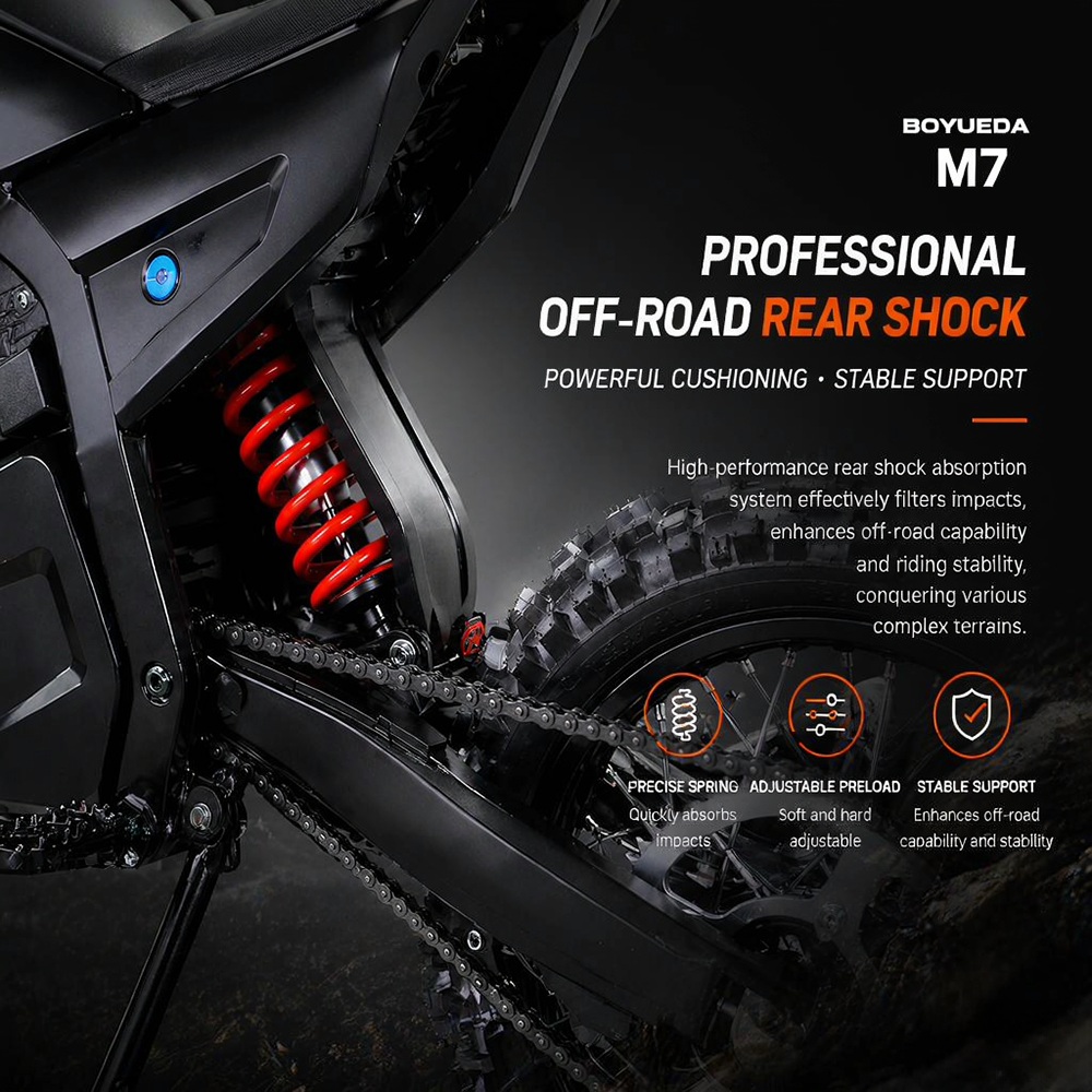 BOYUEDA M7 Electric Dirt Bike, 5000W Peak Motor, 60V 27Ah Lithium Battery, 70km/h Max Speed, 50km Range, 200Nm Torque, Front & Rear Hydraulic Disc Brakes, 17/14-Inch Off-Road Tires, IPX6