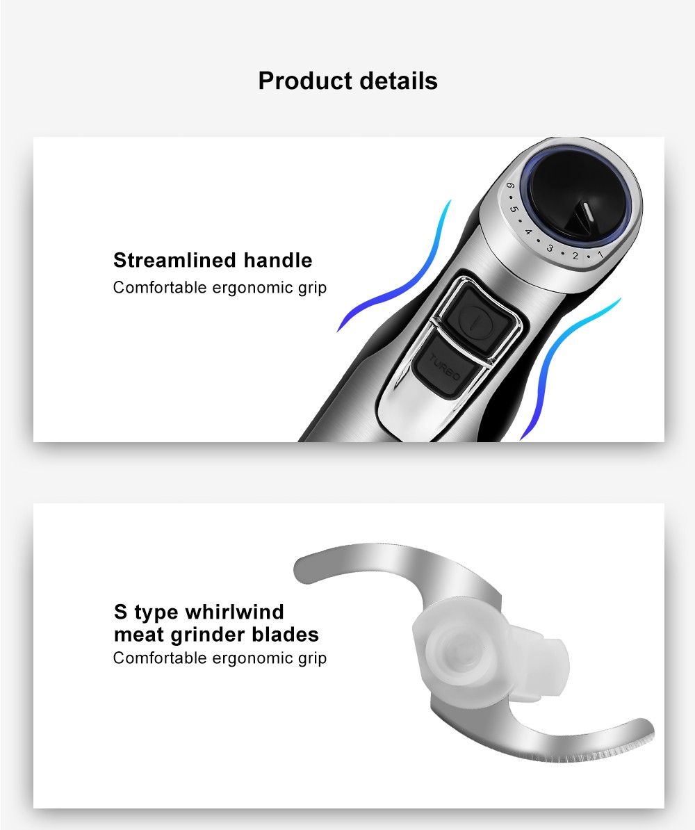 Refurbished BioloMix BHB1200 4 in 1 1200W Handheld Blender Mixer, 6-speed Control, Stainless Steel Blade, 500ml Chopping Bowl