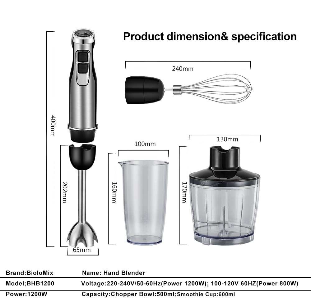 Refurbished BioloMix BHB1200 4 in 1 1200W Handheld Blender Mixer, 6-speed Control, Stainless Steel Blade, 500ml Chopping Bowl