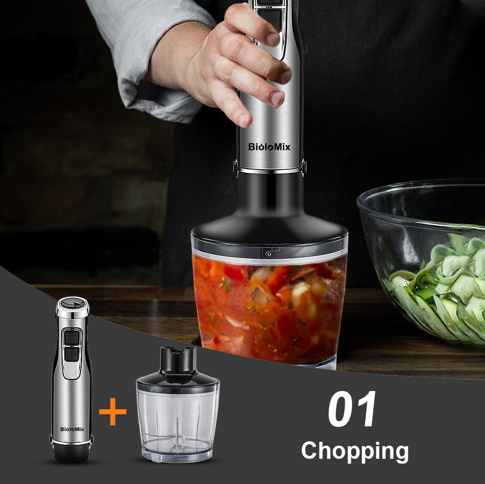 Refurbished BioloMix BHB1200 4 in 1 1200W Handheld Blender Mixer, 6-speed Control, Stainless Steel Blade, 500ml Chopping Bowl