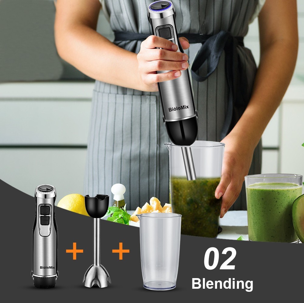 Refurbished BioloMix BHB1200 4 in 1 1200W Handheld Blender Mixer, 6-speed Control, Stainless Steel Blade, 500ml Chopping Bowl