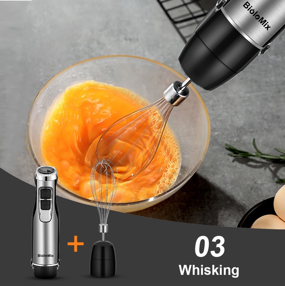 Refurbished BioloMix BHB1200 4 in 1 1200W Handheld Blender Mixer, 6-speed Control, Stainless Steel Blade, 500ml Chopping Bowl