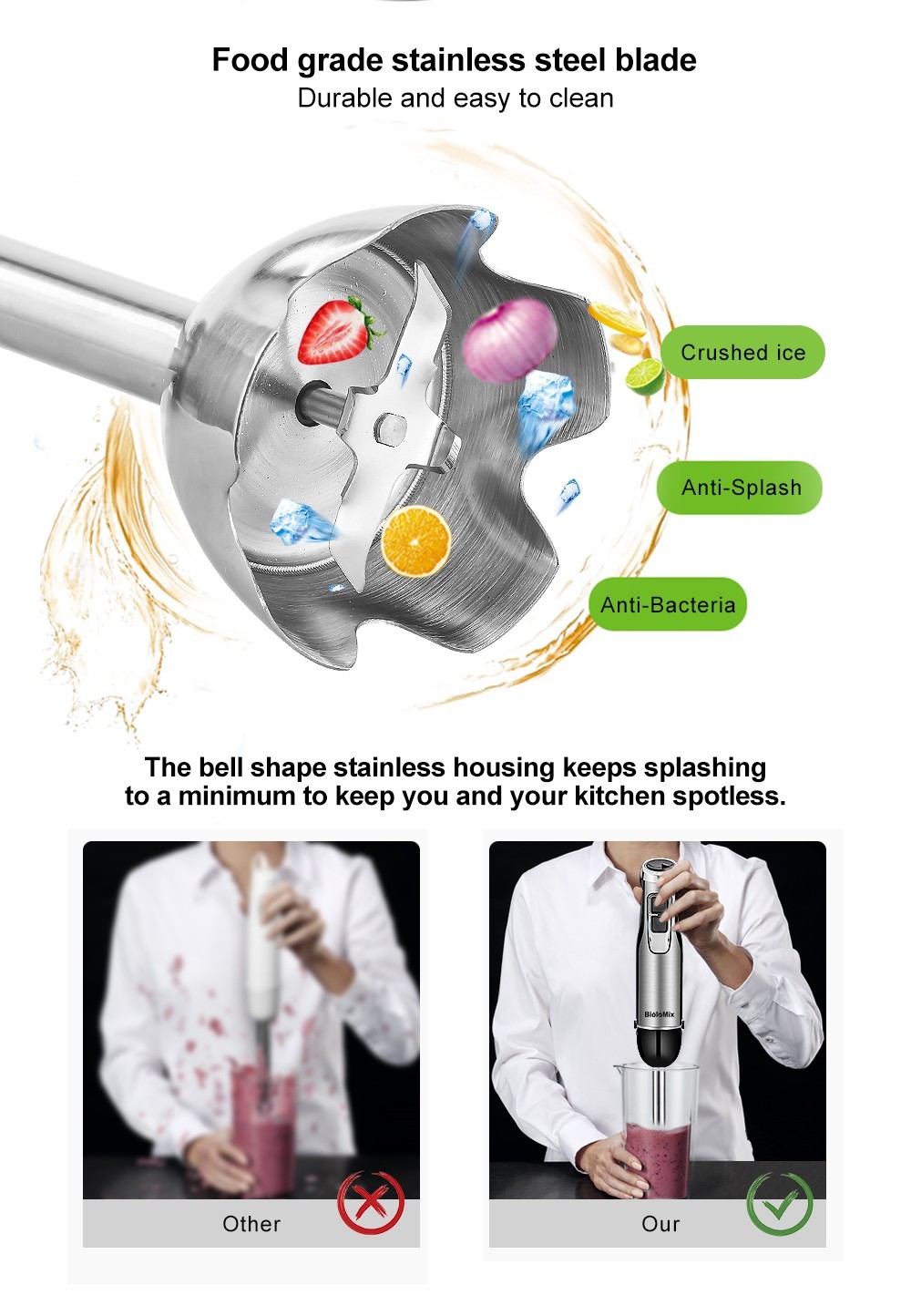 Refurbished BioloMix BHB1200 4 in 1 1200W Handheld Blender Mixer, 6-speed Control, Stainless Steel Blade, 500ml Chopping Bowl