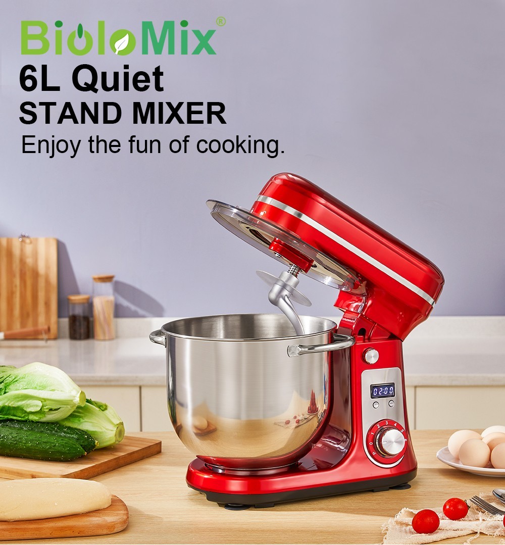 Refurbished BioloMix BM601 1200W Kitchen Food Stand Mixer, Cream Egg Whisk, Cake Dough Kneader, 6L Capacity, Stainless Steel Bowl