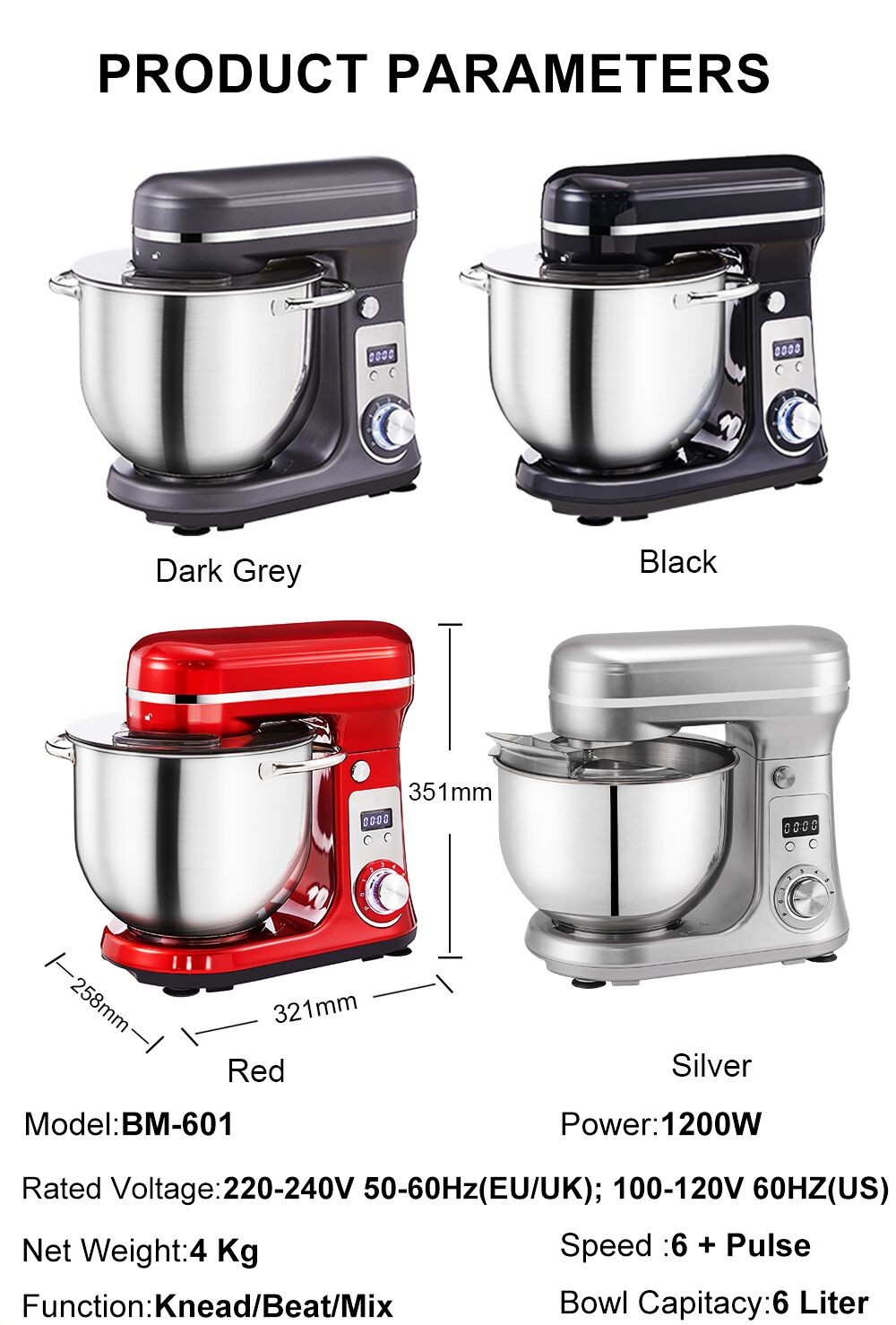 Refurbished BioloMix BM601 1200W Kitchen Food Stand Mixer, Cream Egg Whisk, Cake Dough Kneader, 6L Capacity, Stainless Steel Bowl