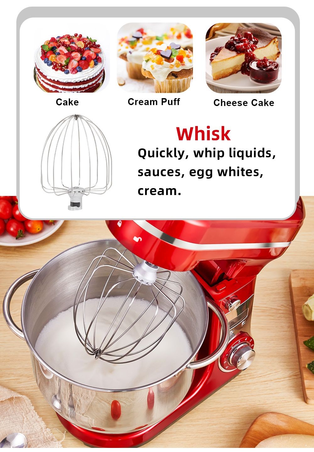 Refurbished BioloMix BM601 1200W Kitchen Food Stand Mixer, Cream Egg Whisk, Cake Dough Kneader, 6L Capacity, Stainless Steel Bowl