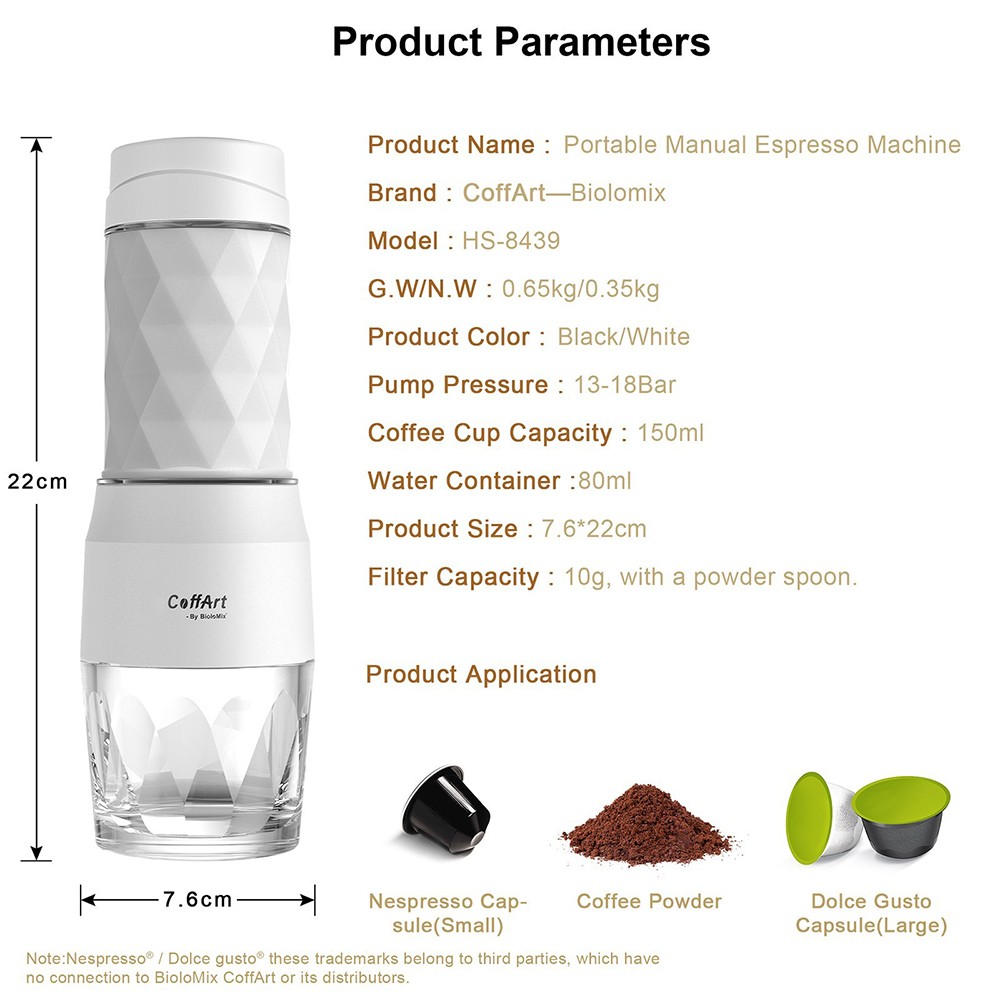 Refurbished BioloMix HS8439 Portable Coffee Maker, 13-18Bar Pressure Hand Press Capsule Ground Coffee Brewer, 80ml Water Container