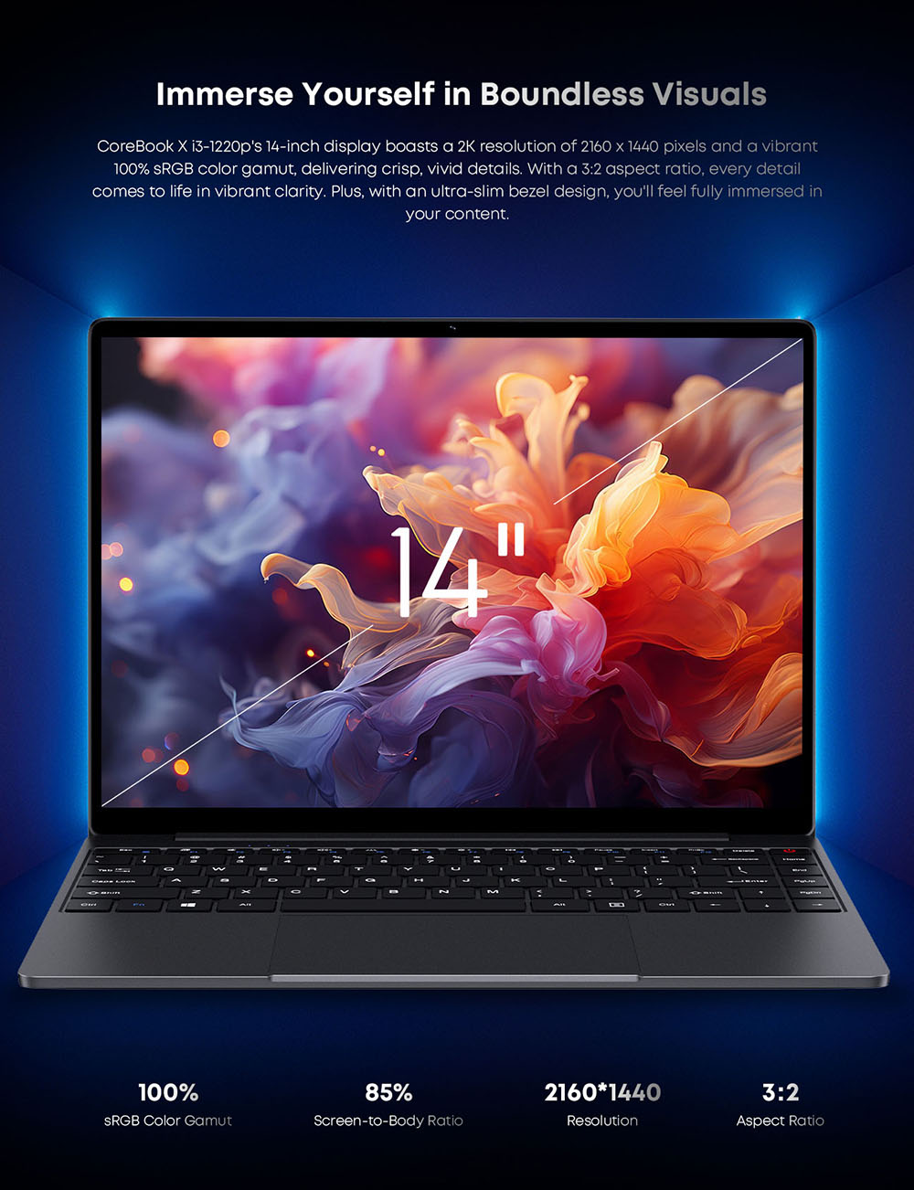 Refurbished CHUWI CoreBook X Laptop, 14-inch 2160*1440 Display, Intel Core i3-1220P 10 Cores Max 4.4GHz, 16GB RAM 512 SSD, WiFi 6 Bluetooth 5.2, 4000mAh Battery, Backlight Keyboard