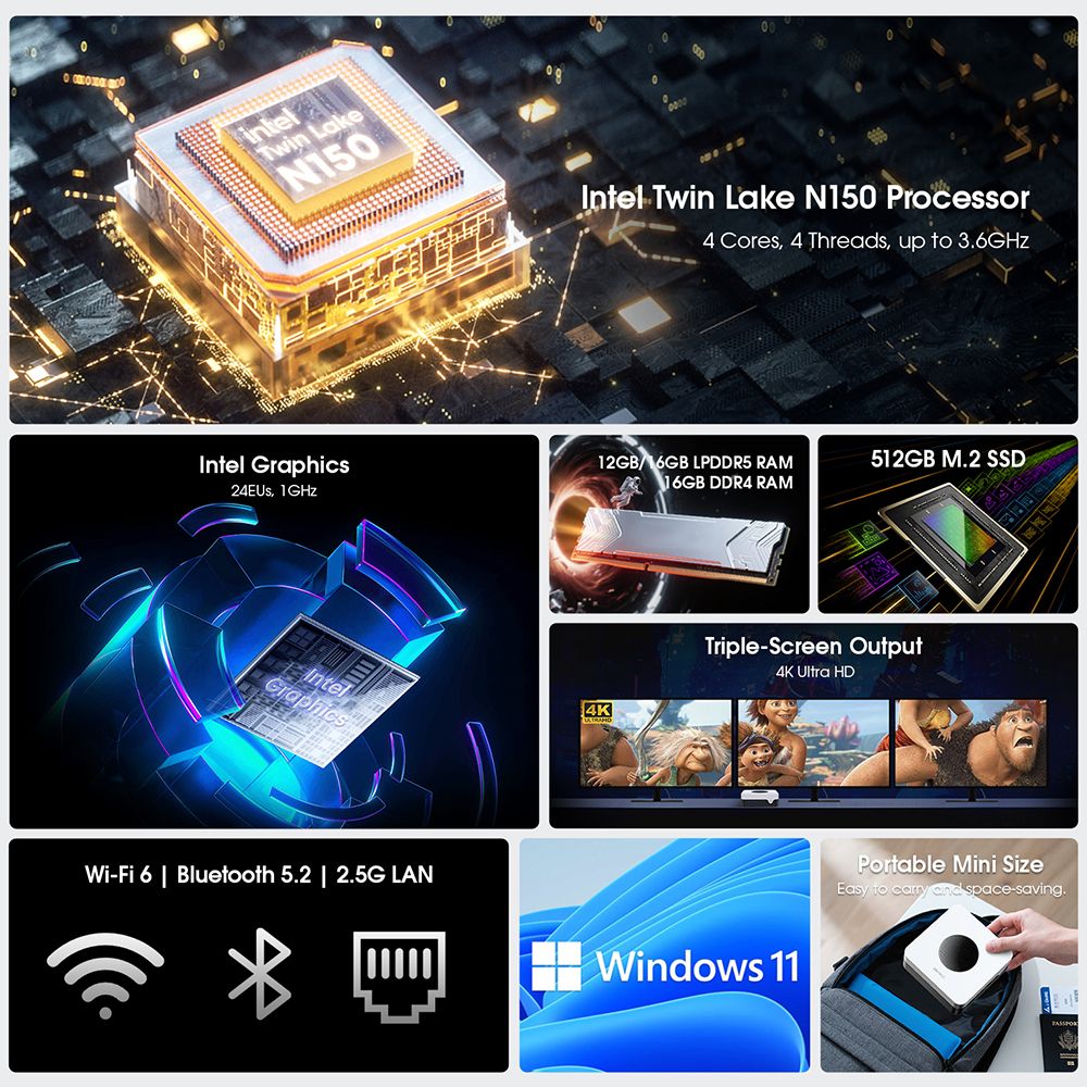 Refurbished CHUWI LarkBox X Mini PC, Intel N150 4 Cores Max 3.6GHz, 16GB RAM 512GB SSD, Type-C + HDMI + DP 4K Triple Display, WiFi 6 Bluetooth 5.2