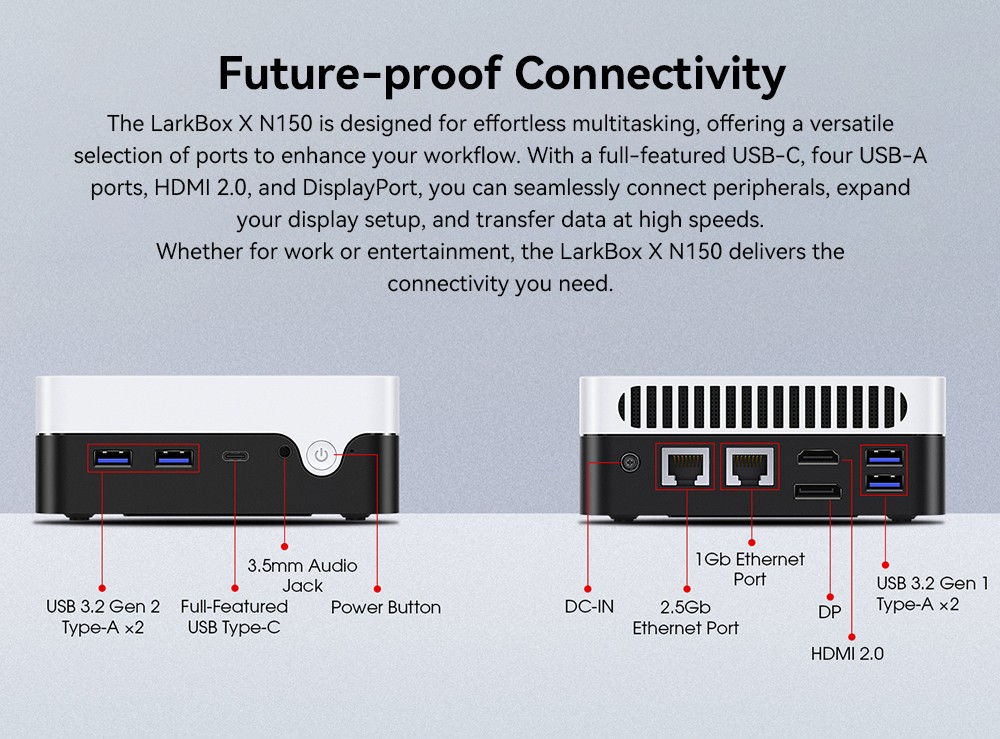 Refurbished CHUWI LarkBox X Mini PC, Intel N150 4 Cores Max 3.6GHz, 16GB RAM 512GB SSD, Type-C + HDMI + DP 4K Triple Display, WiFi 6 Bluetooth 5.2