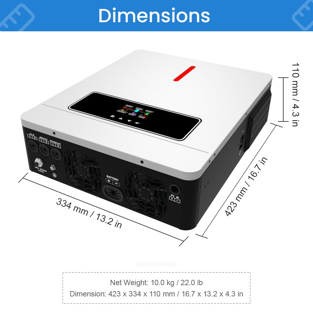 Refurbished DAXTROMN 6200W Hybrid Solar Inverter, 48V DC 120A MPPT Solar Charger, 500V DC PV Input, 2 Loads Output, Built-in WiFi