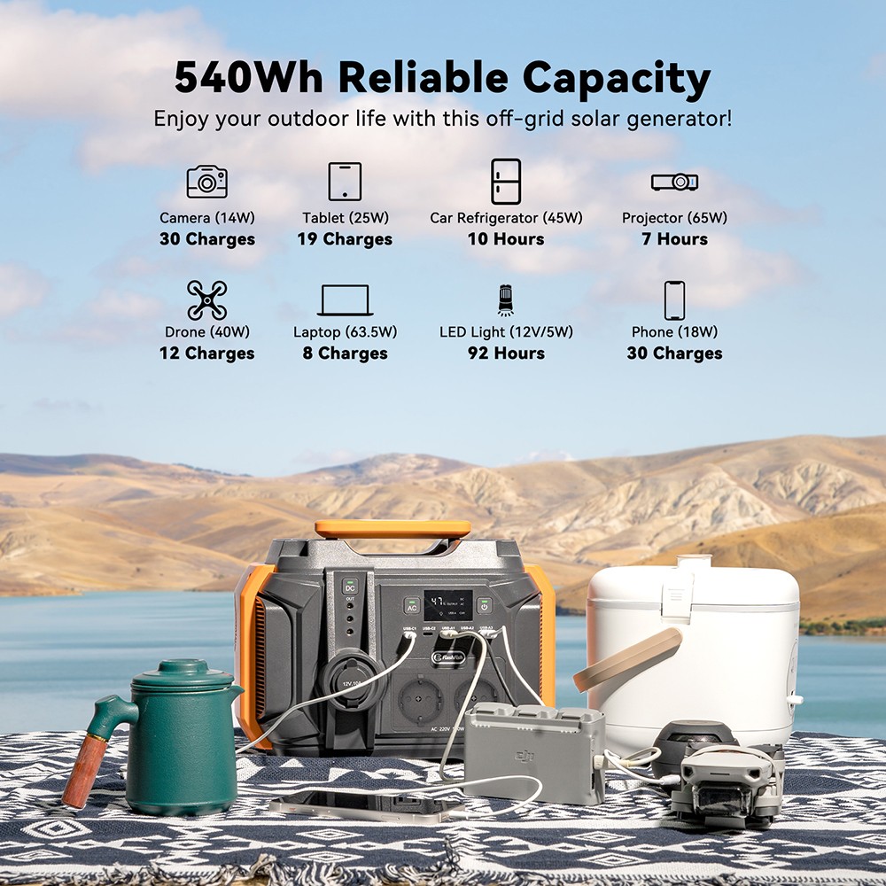 Refurbished Flashfish A501 500W Portable Power Station, 540Wh AC 230V Power Battery, 1000W Peak Solar Generator for Outdoor Camping