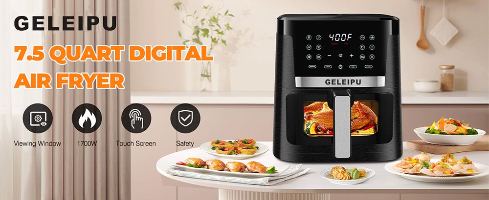 Refurbished GELEIPU DL27 7.5 Quarts Air Fryer, 1700W Power, Viewing Window, 12-in-1 Functions, Air Fry, Roast, Bake, Dehydrate, Digital Touchscreen, Nonstick & Dishwasher-safe Basket - Black