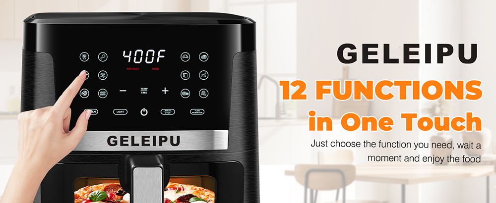 Refurbished GELEIPU DL27 7.5 Quarts Air Fryer, 1700W Power, Viewing Window, 12-in-1 Functions, Air Fry, Roast, Bake, Dehydrate, Digital Touchscreen, Nonstick & Dishwasher-safe Basket - Black