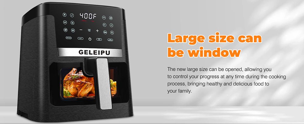 Refurbished GELEIPU DL27 7.5 Quarts Air Fryer, 1700W Power, Viewing Window, 12-in-1 Functions, Air Fry, Roast, Bake, Dehydrate, Digital Touchscreen, Nonstick & Dishwasher-safe Basket - Black