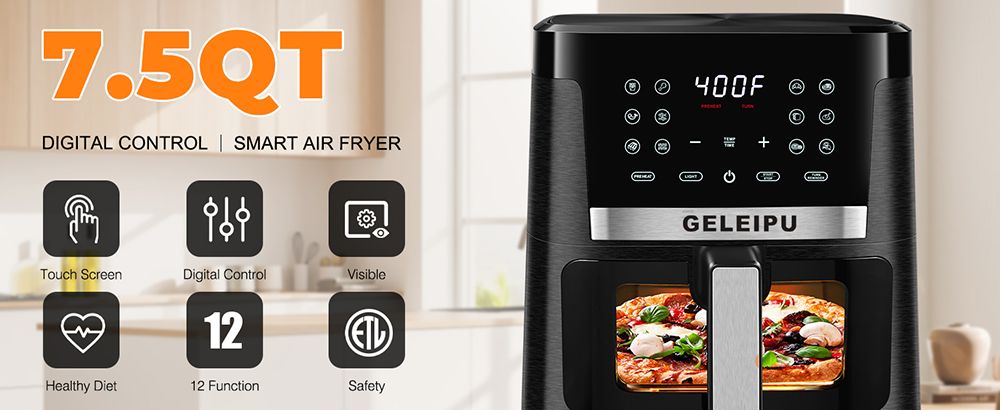 Refurbished GELEIPU DL27 7.5 Quarts Air Fryer, 1700W Power, Viewing Window, 12-in-1 Functions, Air Fry, Roast, Bake, Dehydrate, Digital Touchscreen, Nonstick & Dishwasher-safe Basket - Black