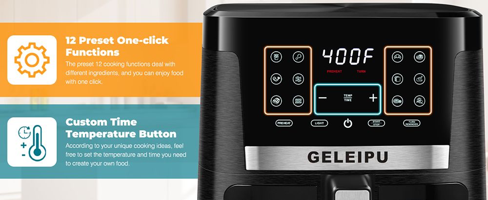 Refurbished GELEIPU DL27 7.5 Quarts Air Fryer, 1700W Power, Viewing Window, 12-in-1 Functions, Air Fry, Roast, Bake, Dehydrate, Digital Touchscreen, Nonstick & Dishwasher-safe Basket - Black