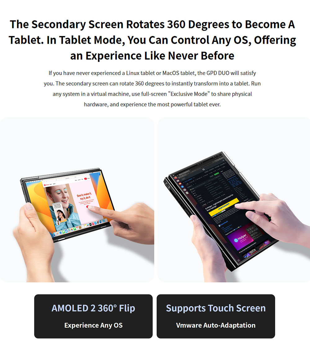 Refurbished GPD DUO 13.3-inch Dual-OLED Screen Laptop, AMD Ryzen AI 9 HX 370 (12 Core Max 5.1GHz), 2880*1800, 32GB LPDDR5 RAM 1TB SSD, WiFi 6E Bluetooth 5.3, Built-in Hyper-Linear Speakers