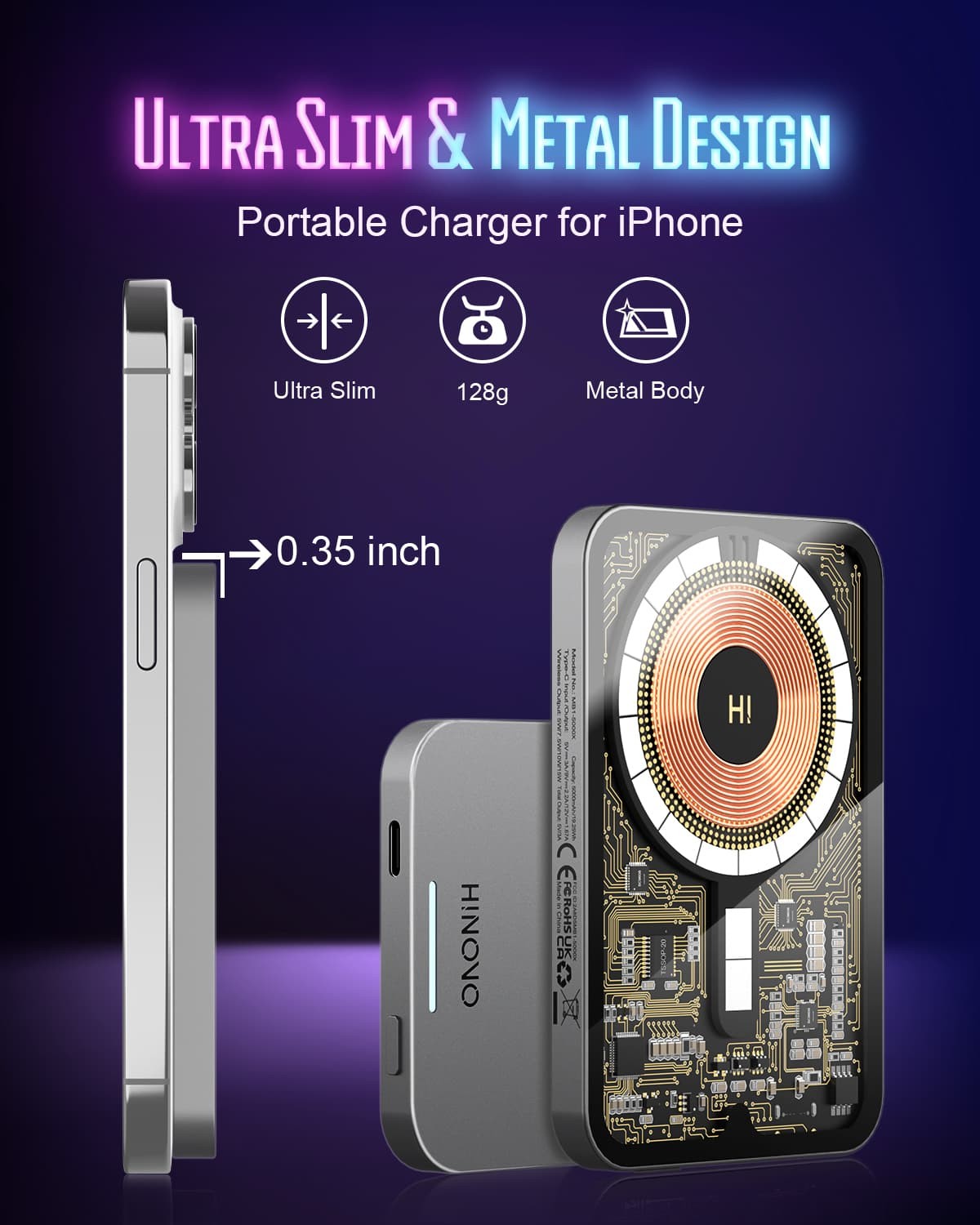 Refurbished HINOVO MB1-5000x Wireless Portable Charger, 5000mAh Magnetic Wireless Power Bank, PD 20W Fast Charging Cyberpunk Style