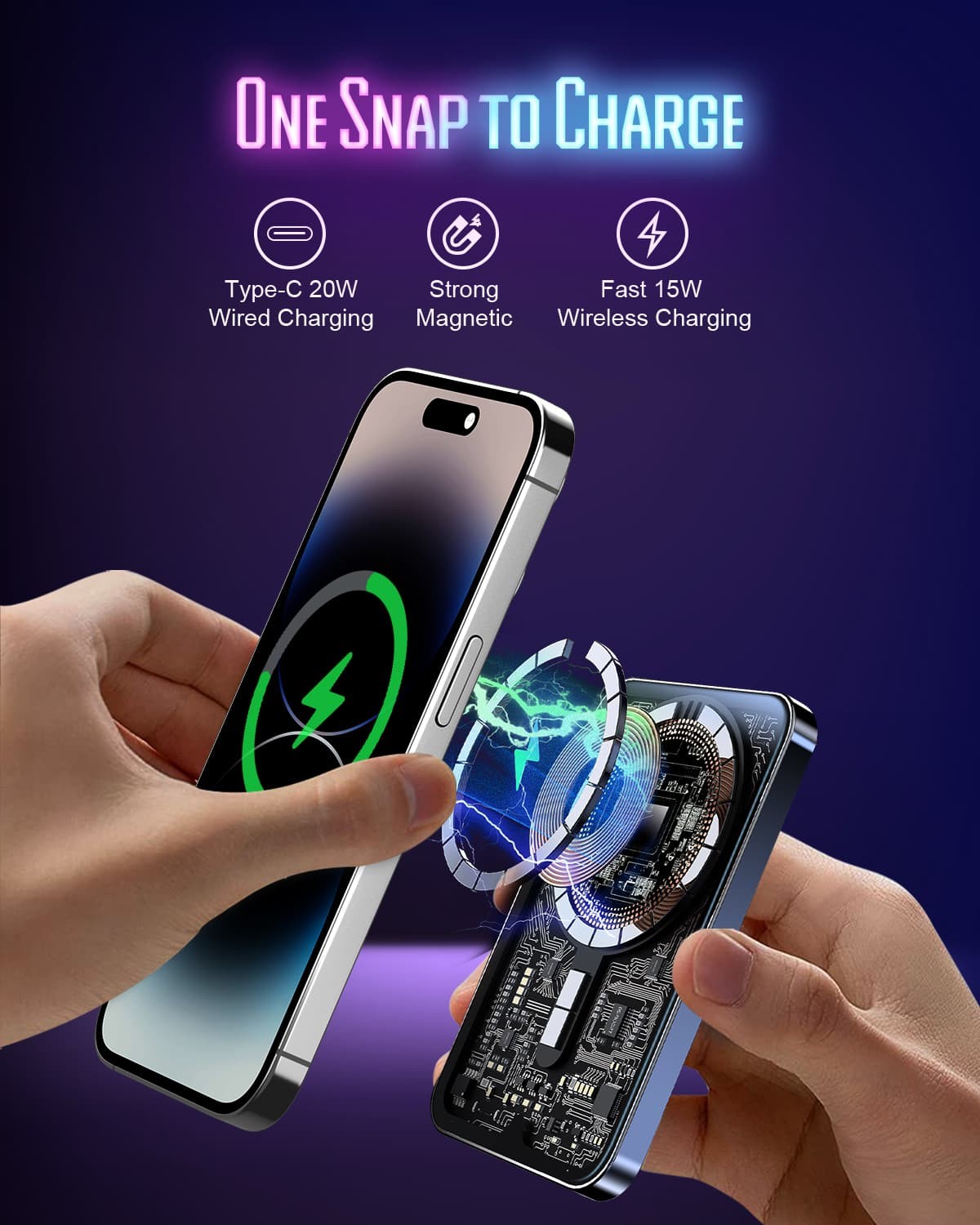 Refurbished HINOVO MB1-5000x Wireless Portable Charger, 5000mAh Magnetic Wireless Power Bank, PD 20W Fast Charging Cyberpunk Style