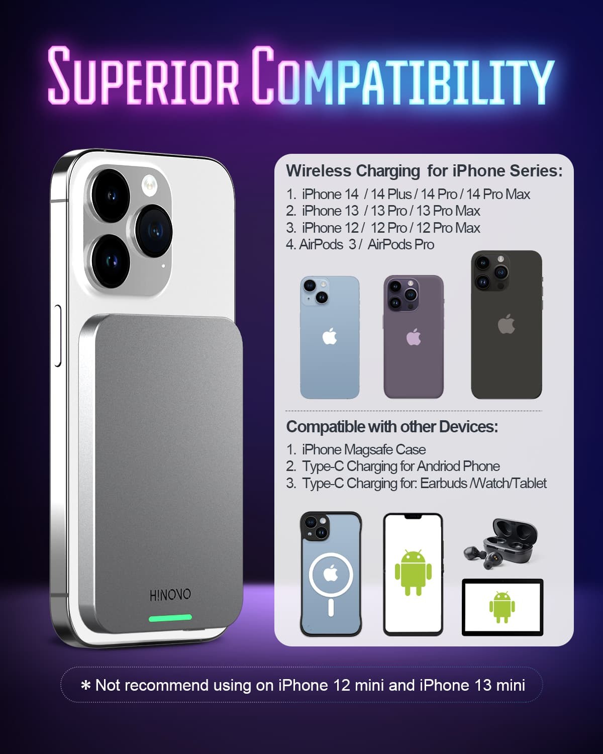 Refurbished HINOVO MB1-5000x Wireless Portable Charger, 5000mAh Magnetic Wireless Power Bank, PD 20W Fast Charging Cyberpunk Style
