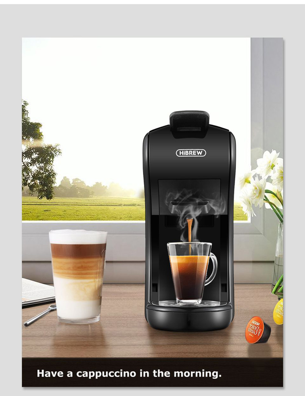 Refurbished HiBREW H1A 1450W Espresso Coffee Machine, 19 Bar Extraction, Hot/Cold 4-in-1 Multiple Capsule Coffee Maker - Black