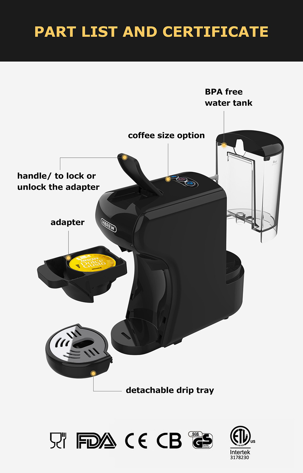 Refurbished HiBREW H1A 1450W Espresso Coffee Machine, 19 Bar Extraction, Hot/Cold 4-in-1 Multiple Capsule Coffee Maker - Black