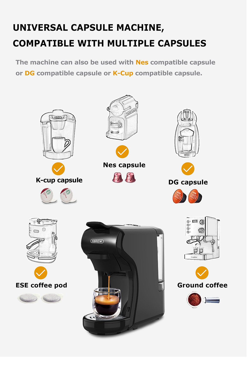 Refurbished HiBREW H1A 1450W Espresso Coffee Machine, 19 Bar Extraction, Hot/Cold 4-in-1 Multiple Capsule Coffee Maker - Black