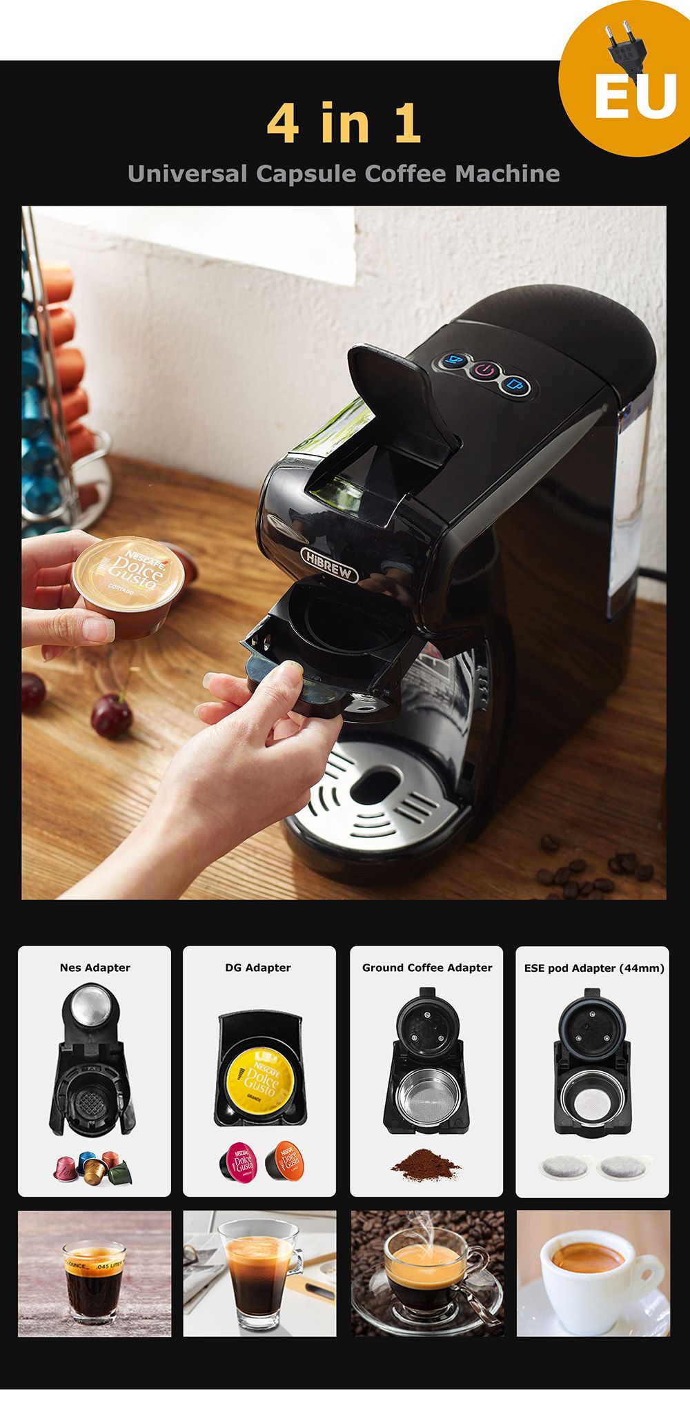 Refurbished HiBREW H1A 1450W Espresso Coffee Machine, 19 Bar Extraction, Hot/Cold 4-in-1 Multiple Capsule Coffee Maker - Black