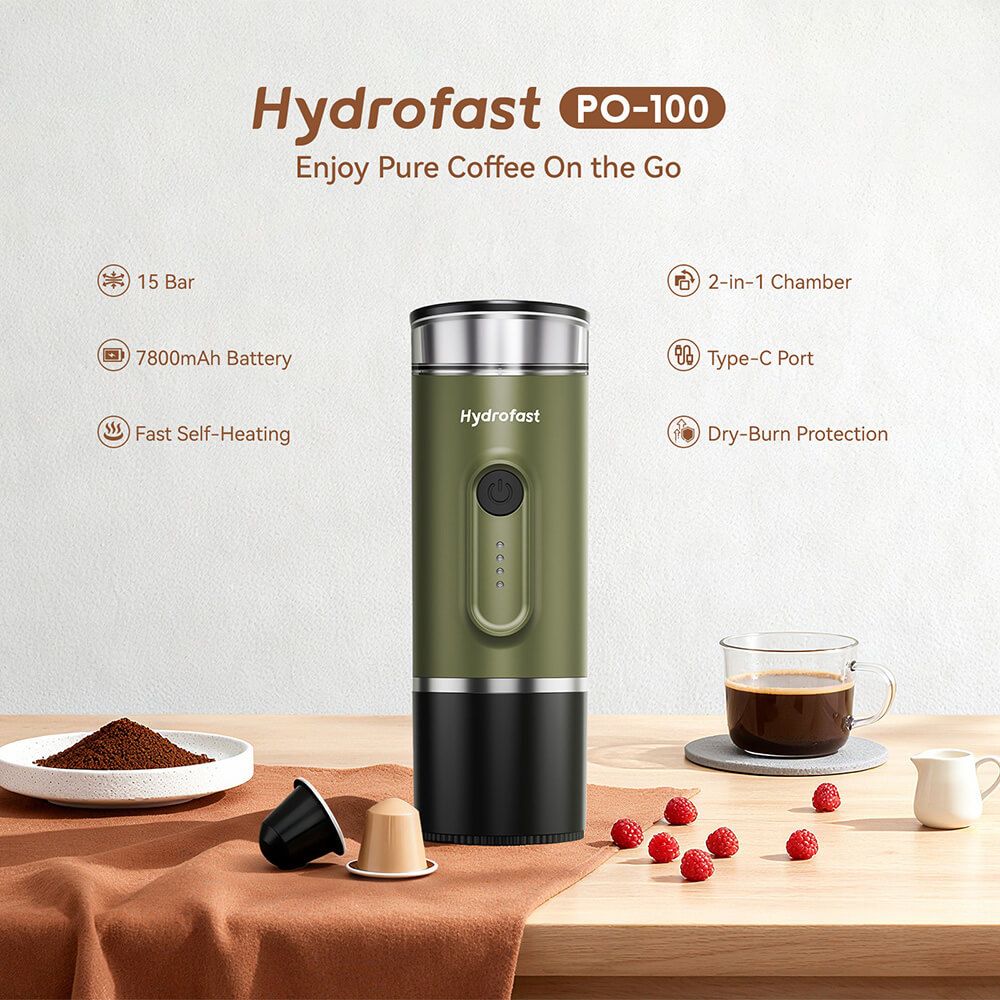 Refurbished Hydrofast PO-100 Portable Espresso Maker, 7800mAh Battery, 2-in-1 Capsule & Ground Coffee, Wireless Heating, Compact Travel Design