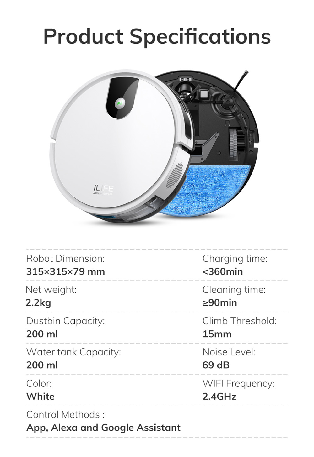 Refurbished ILIFE G9 Robot Vacuum Cleaner, Gyroscope Navigation, 3000Pa Suction, 100min Runtime, 200ml Dustbin, Plan/Edge/Spot/Max Mode, Support Alexa & Google, White - EU Plug