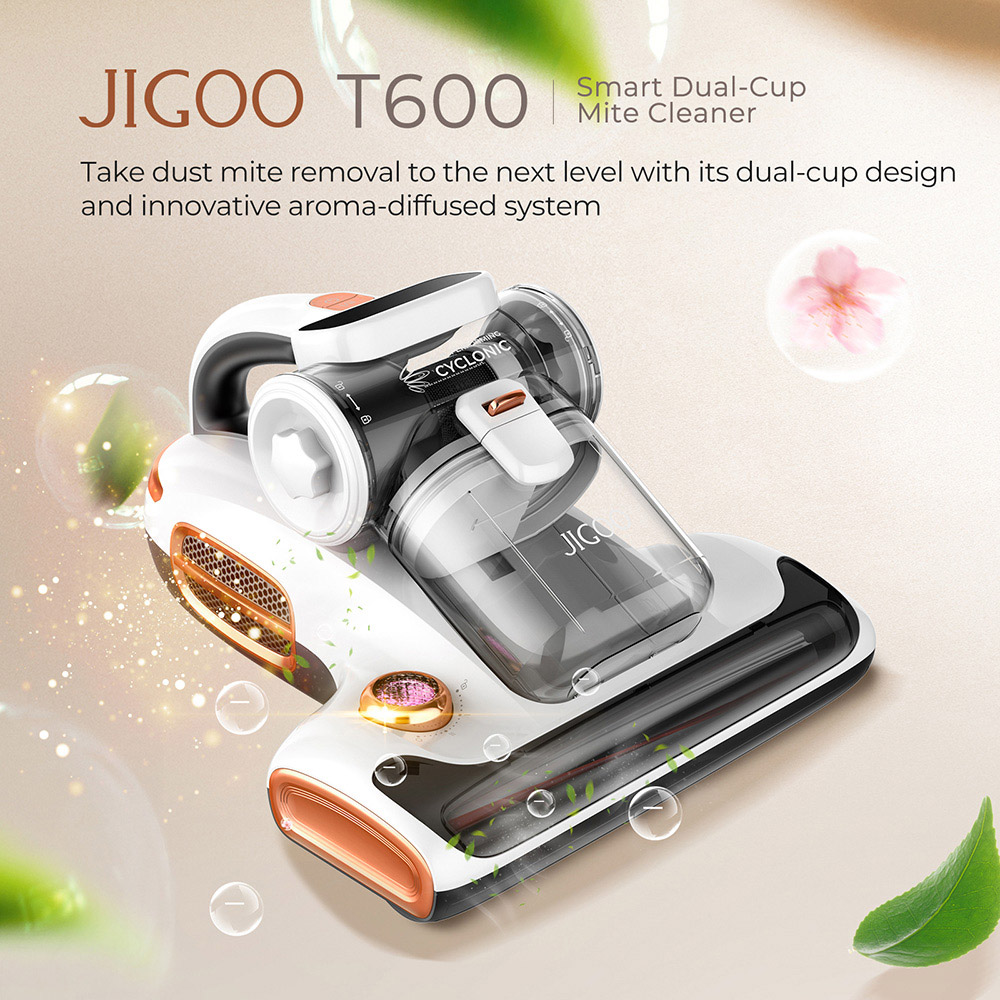 Refurbished JIGOO T600 Bed Mattress Vacuum Cleaner White-US-Dual Cup Design-99.99% Dust Mite Removal with Aroma-Diffused System