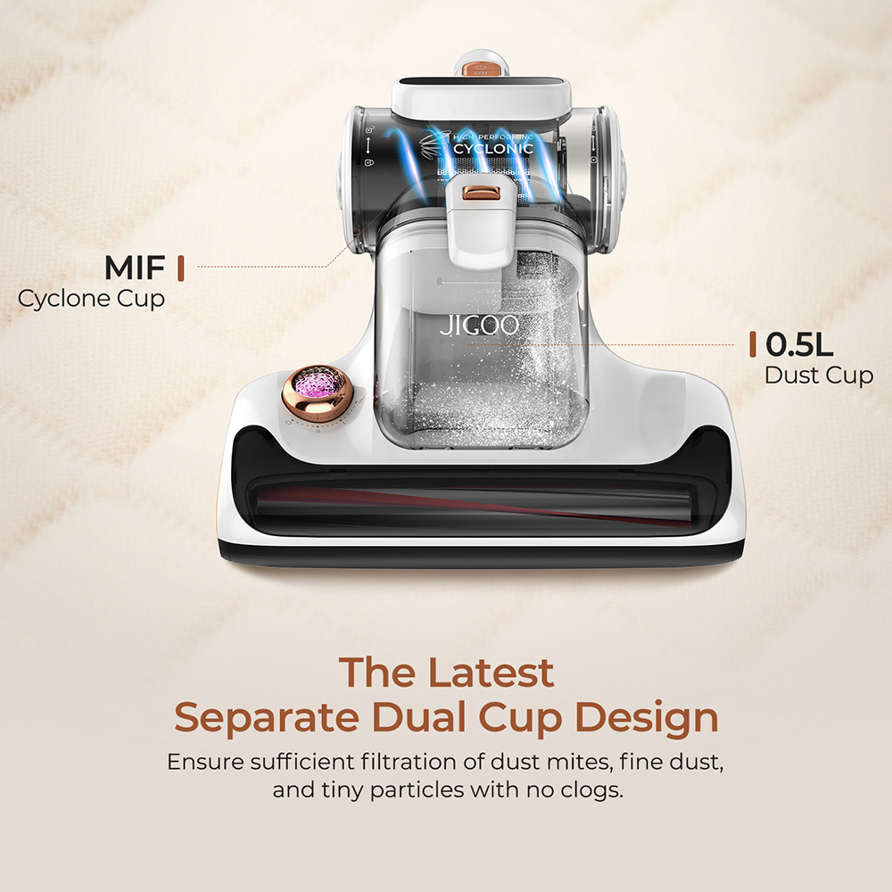 Refurbished JIGOO T600 Bed Mattress Vacuum Cleaner White-US-Dual Cup Design-99.99% Dust Mite Removal with Aroma-Diffused System