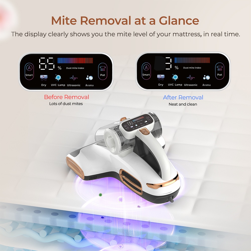 Refurbished JIGOO T600 Bed Mattress Vacuum Cleaner White-US-Dual Cup Design-99.99% Dust Mite Removal with Aroma-Diffused System