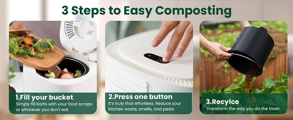 Refurbished Karfo UF006-EC Kitchen Waste Disposer, 2.5L Capacity, Single-Button Auto Operation, Turn Food Waste to Fertilizer for Plants, White - EU Plug