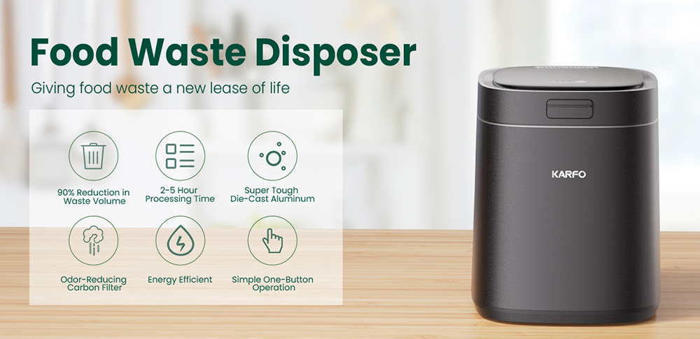 Refurbished Karfo UF006-EC Kitchen waste disposar, 2.5L Capacity, Single-Button Auto Operation, Turn Food Waste to Fertilizer for Plants, Black - EU Plug