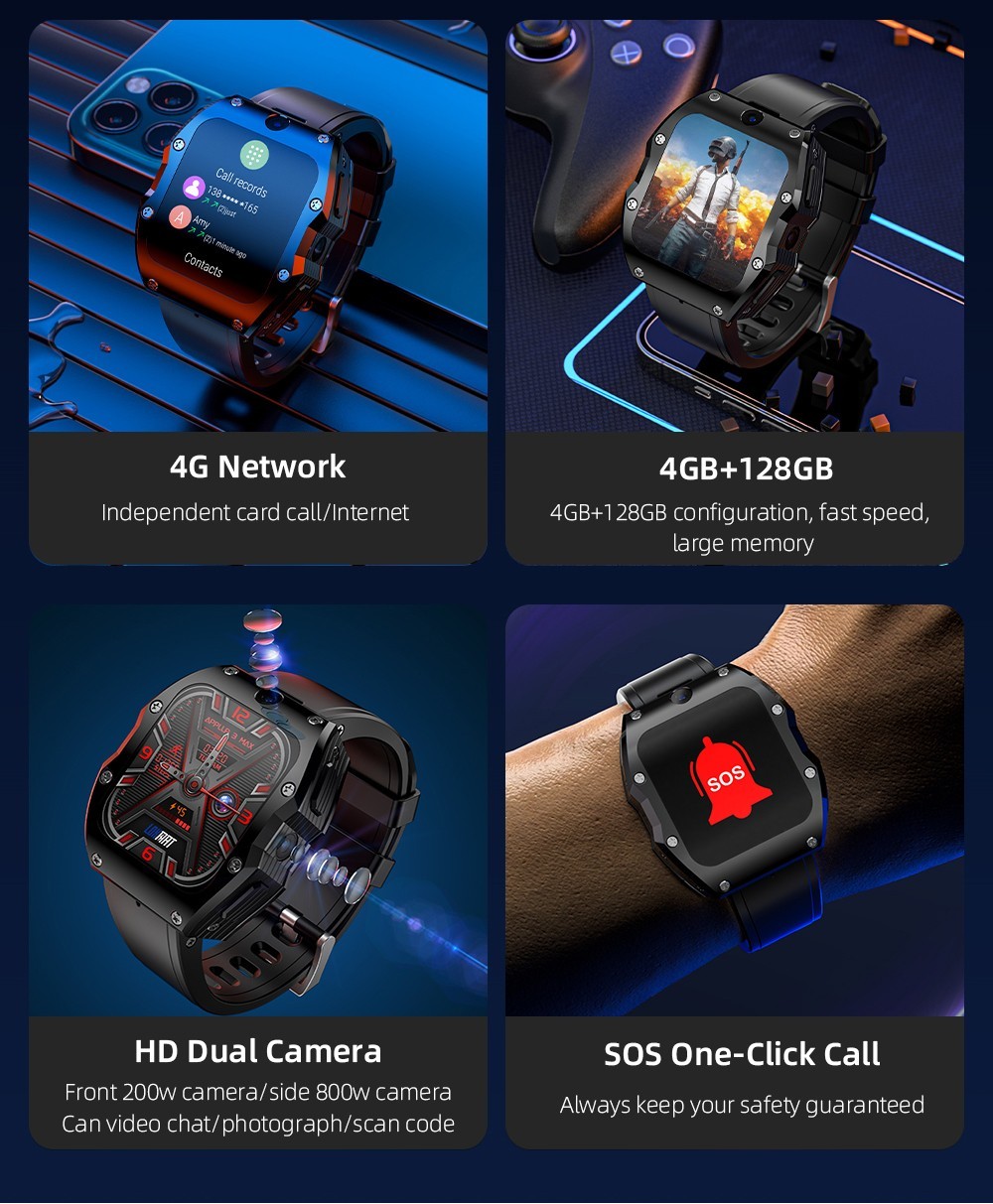 Refurbished LOKMAT APPLLP 3 MAX Phone Watch 4GB RAM 128GB ROM Android 4G SIM Network GPS Sports Fitness Tracker Dual Camera - Blue