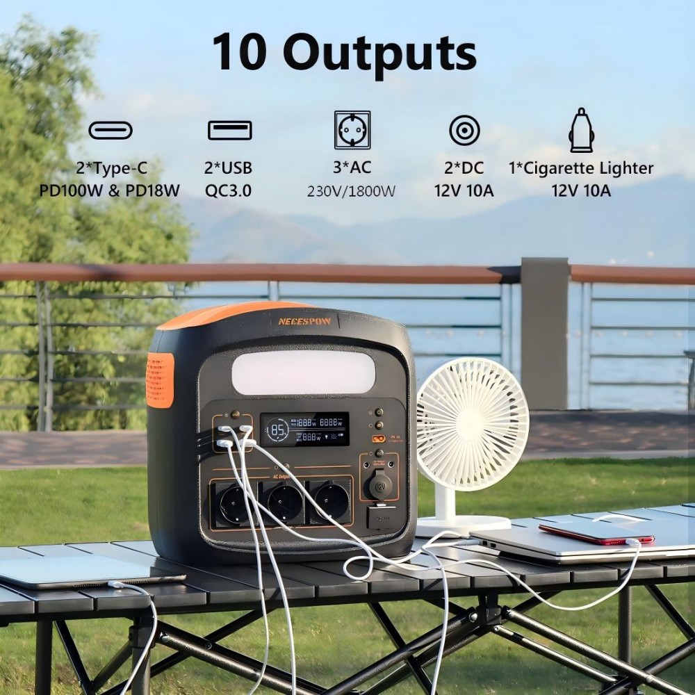 Tragbare Powerstation NECESPOW N1200, 1024 Wh Kapazität, 1800 W AC-Ausgang, 1300 W Schnellladefunktion, 400 W MPPT-Solareingang, 10 Ausgänge, vollständige Ladung in 1,3 Stunden, LED-Leuchte, ideal für Camping, Reisen und als Notstromversorgung zu Hause.