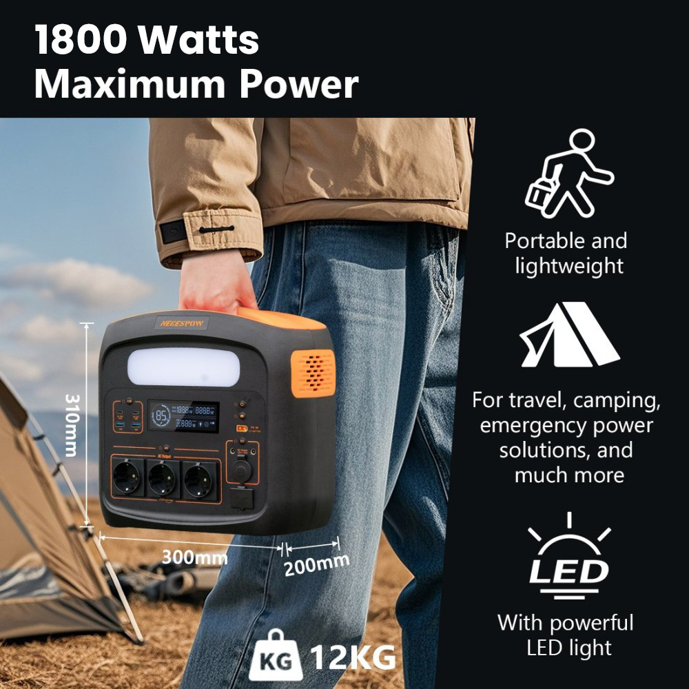 Tragbare Powerstation NECESPOW N1200, 1024 Wh Kapazität, 1800 W AC-Ausgang, 1300 W Schnellladefunktion, 400 W MPPT-Solareingang, 10 Ausgänge, vollständige Ladung in 1,3 Stunden, LED-Leuchte, ideal für Camping, Reisen und als Notstromversorgung zu Hause.