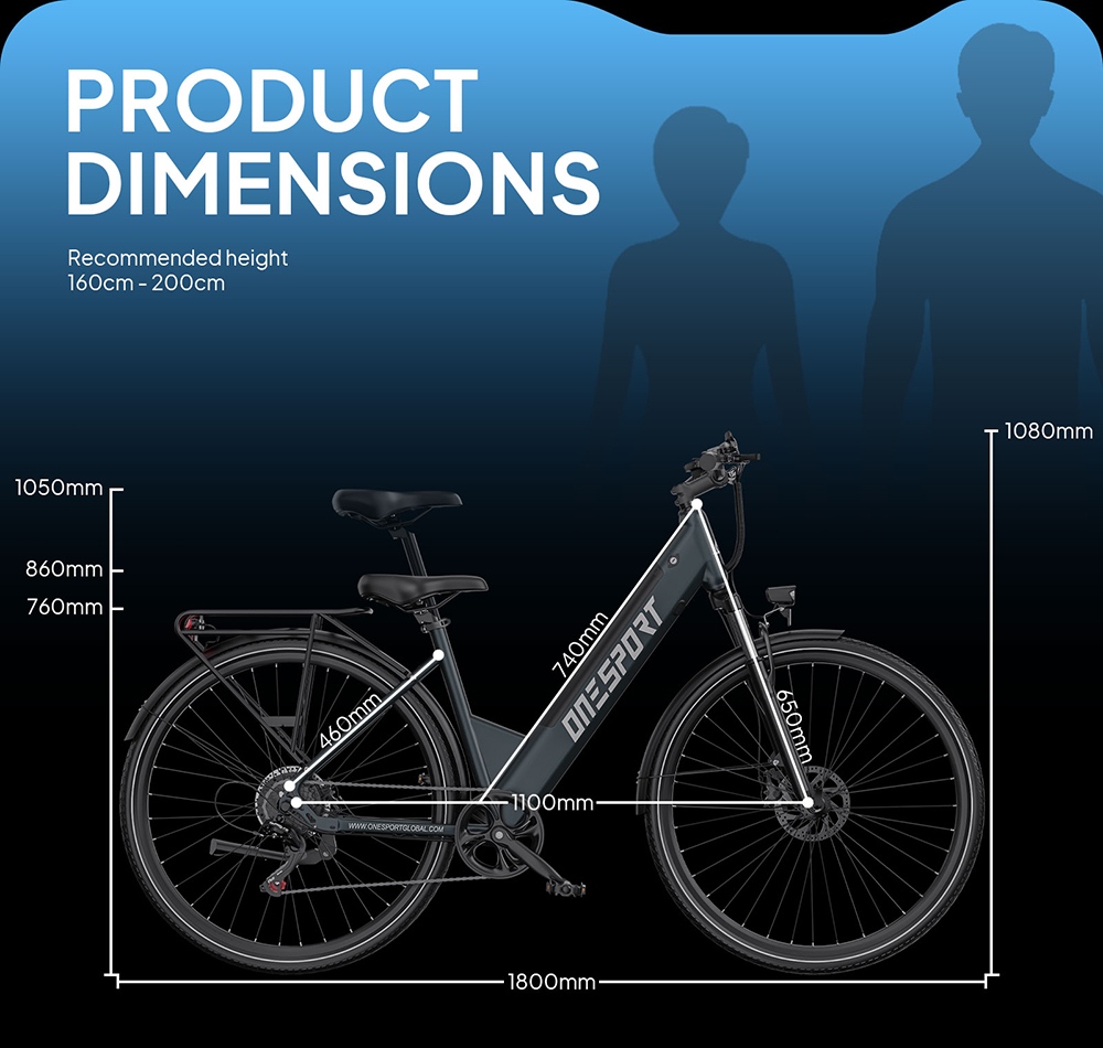 ONESPORT OT12 Pro Elektrofahrrad, 250-W-Motor, herausnehmbarer 36-V-13-Ah-Akku, 65 km Reichweite, 25 km/h Höchstgeschwindigkeit, Shimano 7-Gang-Schaltung, mechanische Scheibenbremsen, Federgabel, Schutzart IPX4 – Grau