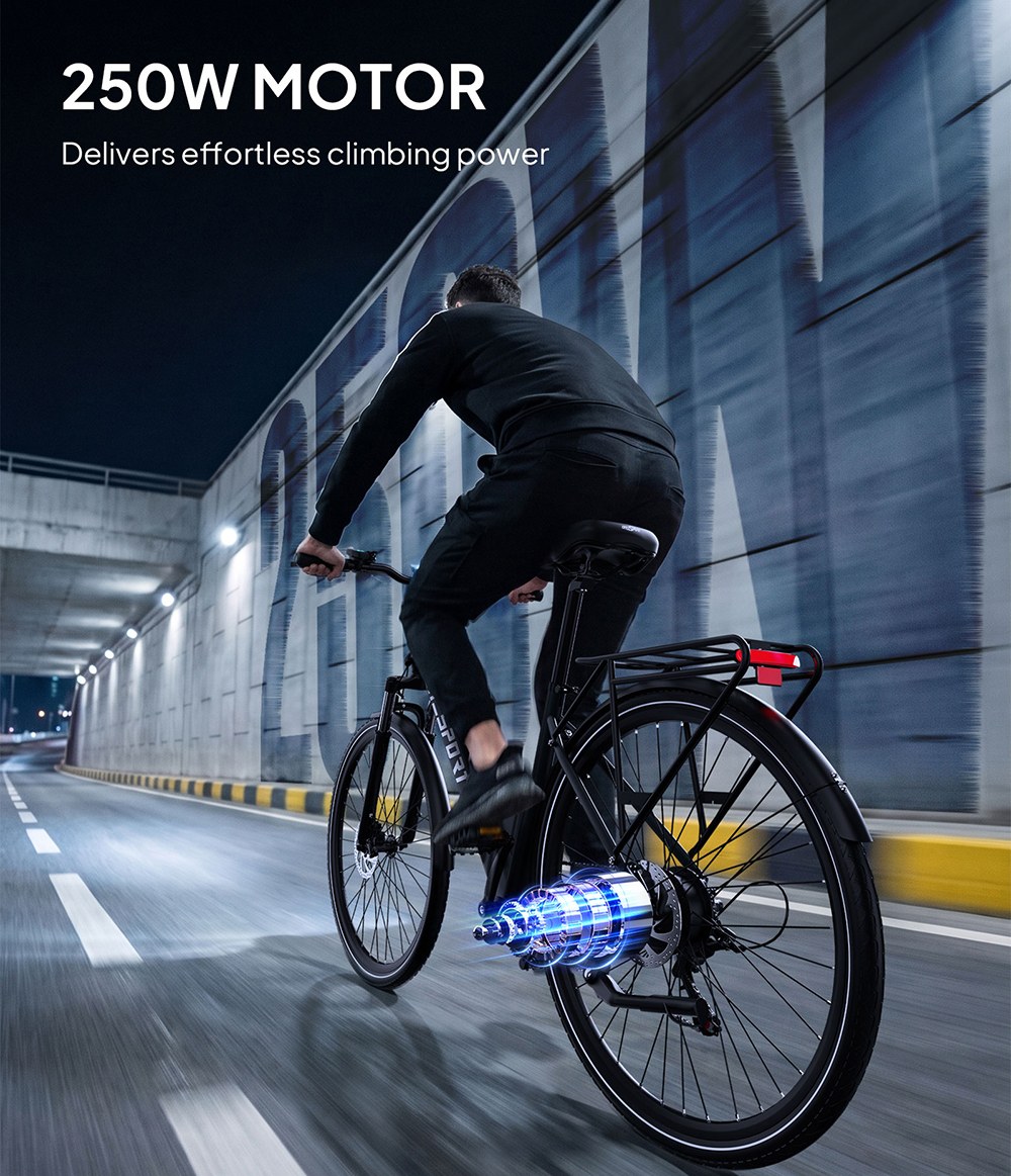 ONESPORT OT12 Pro Elektrofahrrad, 250-W-Motor, herausnehmbarer 36-V-13-Ah-Akku, 65 km Reichweite, 25 km/h Höchstgeschwindigkeit, Shimano 7-Gang-Schaltung, mechanische Scheibenbremsen, Federgabel, Schutzart IPX4 – Grau