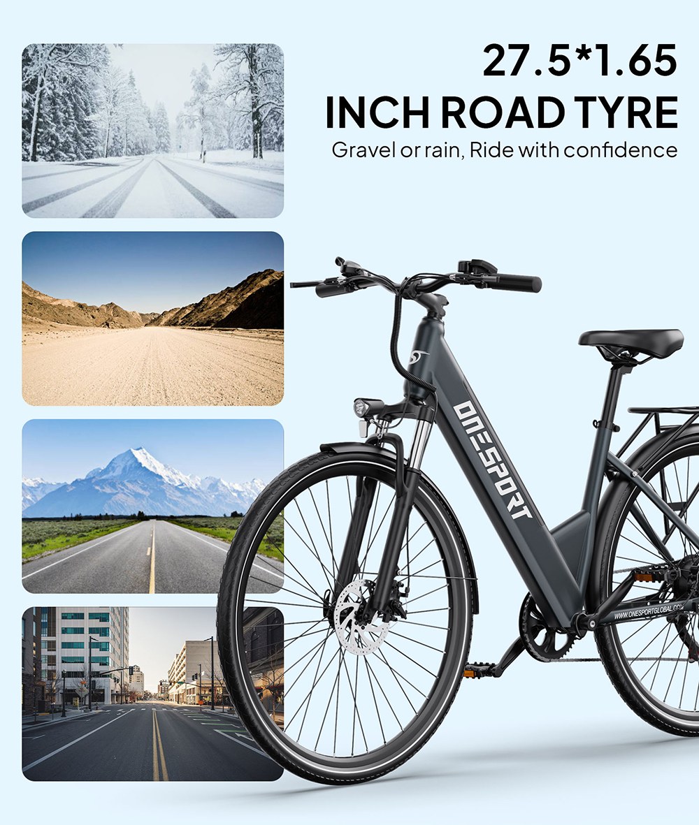 ONESPORT OT12 Pro Elektrofahrrad, 250-W-Motor, herausnehmbarer 36-V-13-Ah-Akku, 65 km Reichweite, 25 km/h Höchstgeschwindigkeit, Shimano 7-Gang-Schaltung, mechanische Scheibenbremsen, Federgabel, Schutzart IPX4 – Grau